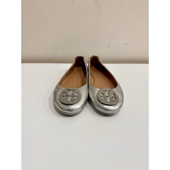 Tory Burch Metallic Leather Slip On Scrunch Ballet Flats Silver Women's Size 7 - Picture 3 of 6